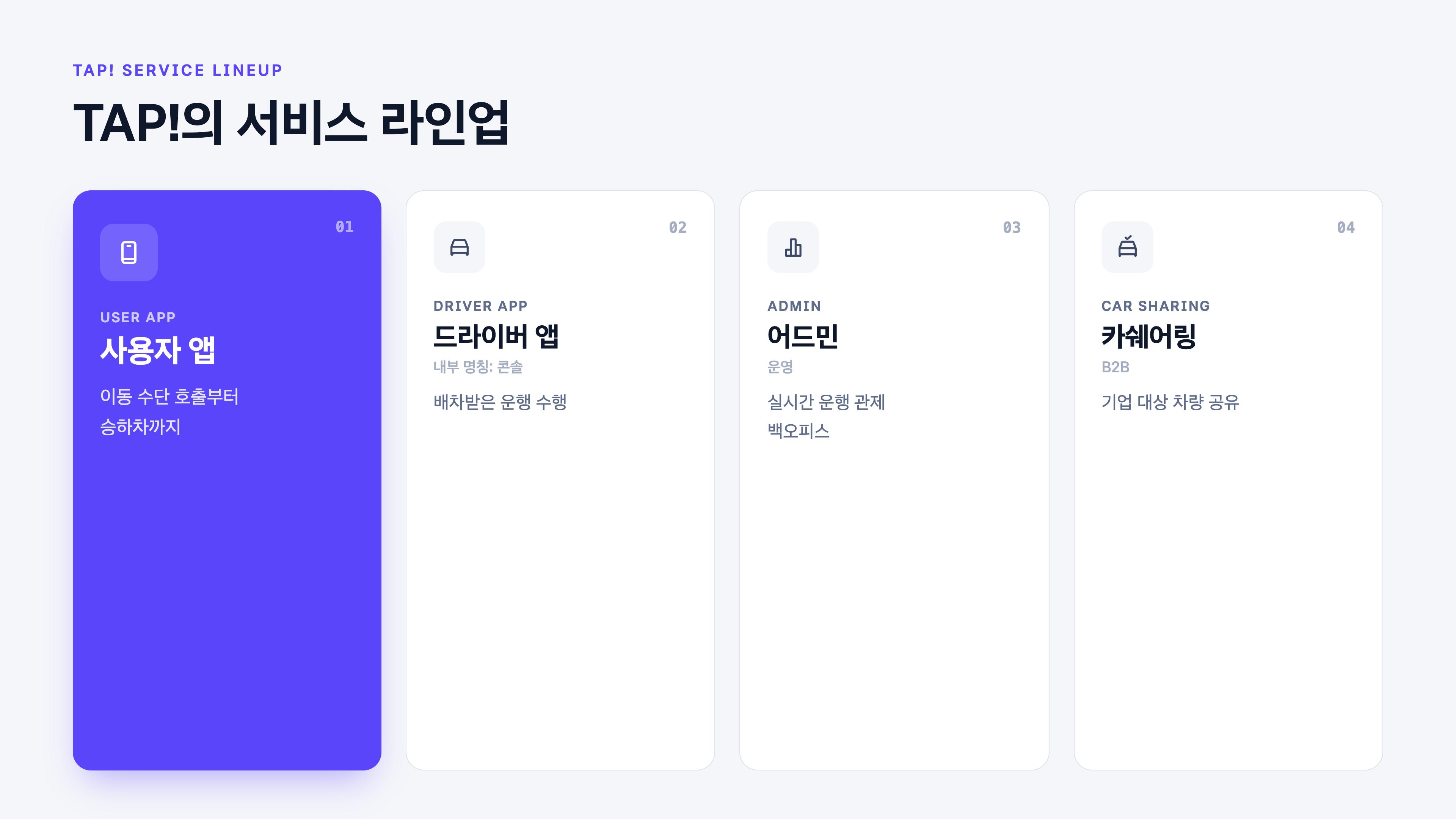 TAP! 서비스 라인업 — 사용자 앱, 드라이버 앱, 어드민, 카쉐어링