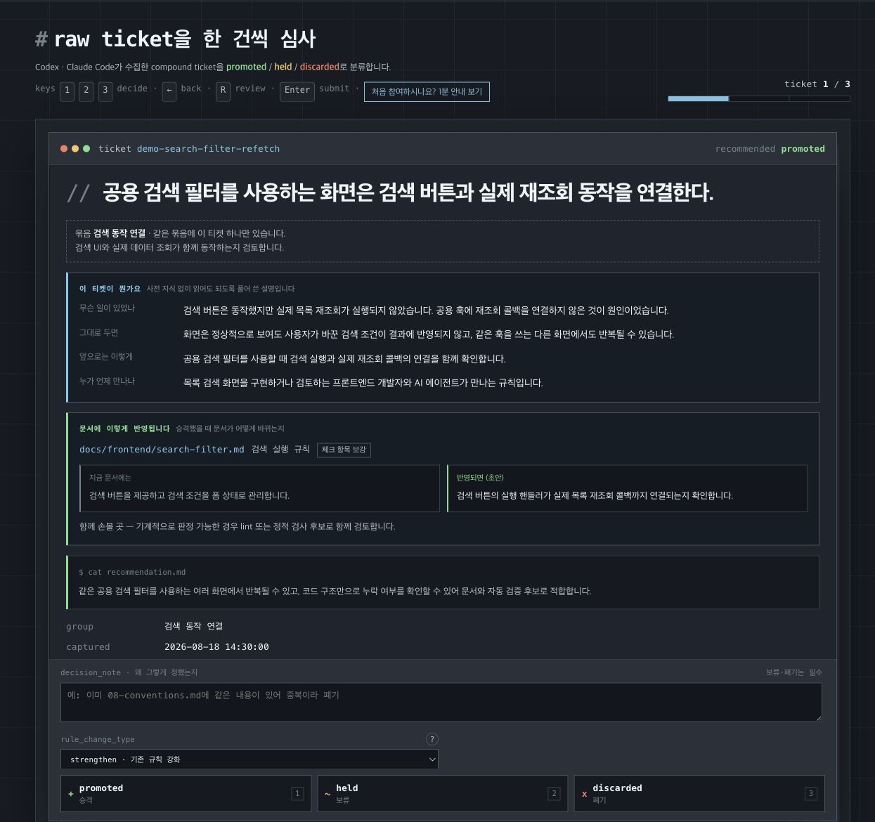 가짜 검색 필터 티켓의 배경과 문서 반영 미리보기, 승격·보류·폐기 버튼을 보여주는 컴파운드 트리아지 화면